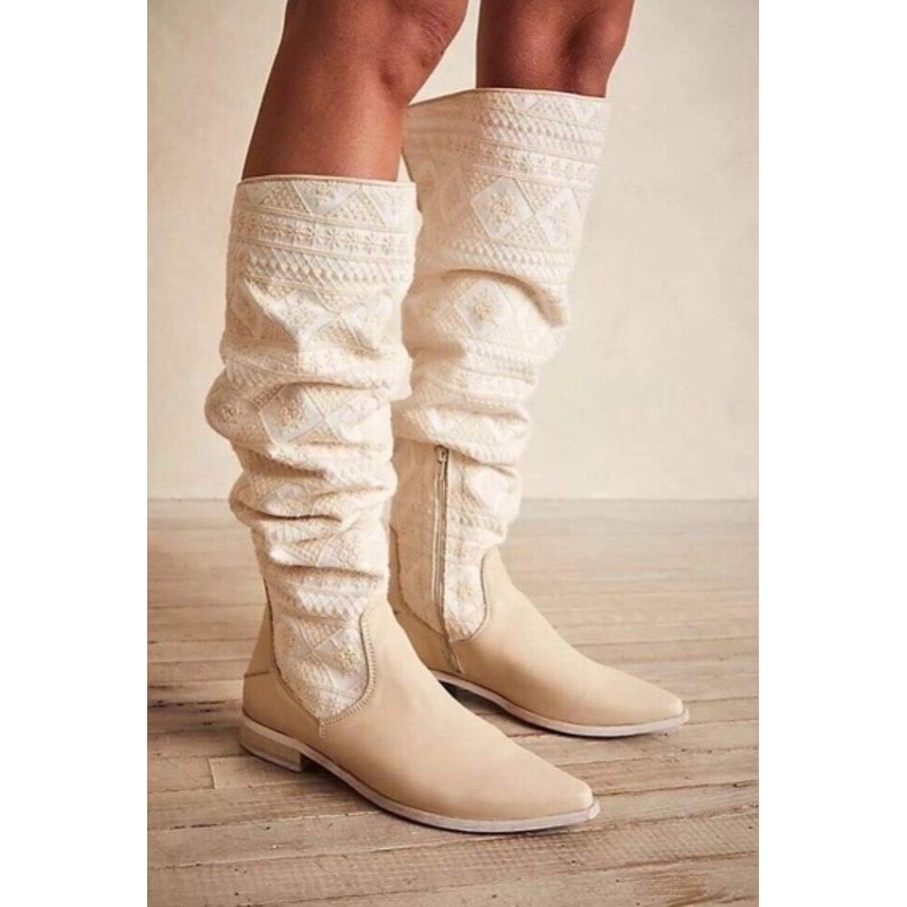 Free People Bren Slouch Crochet Tall Boot In Ecru, White $298 Size 36, US 6 NEW
